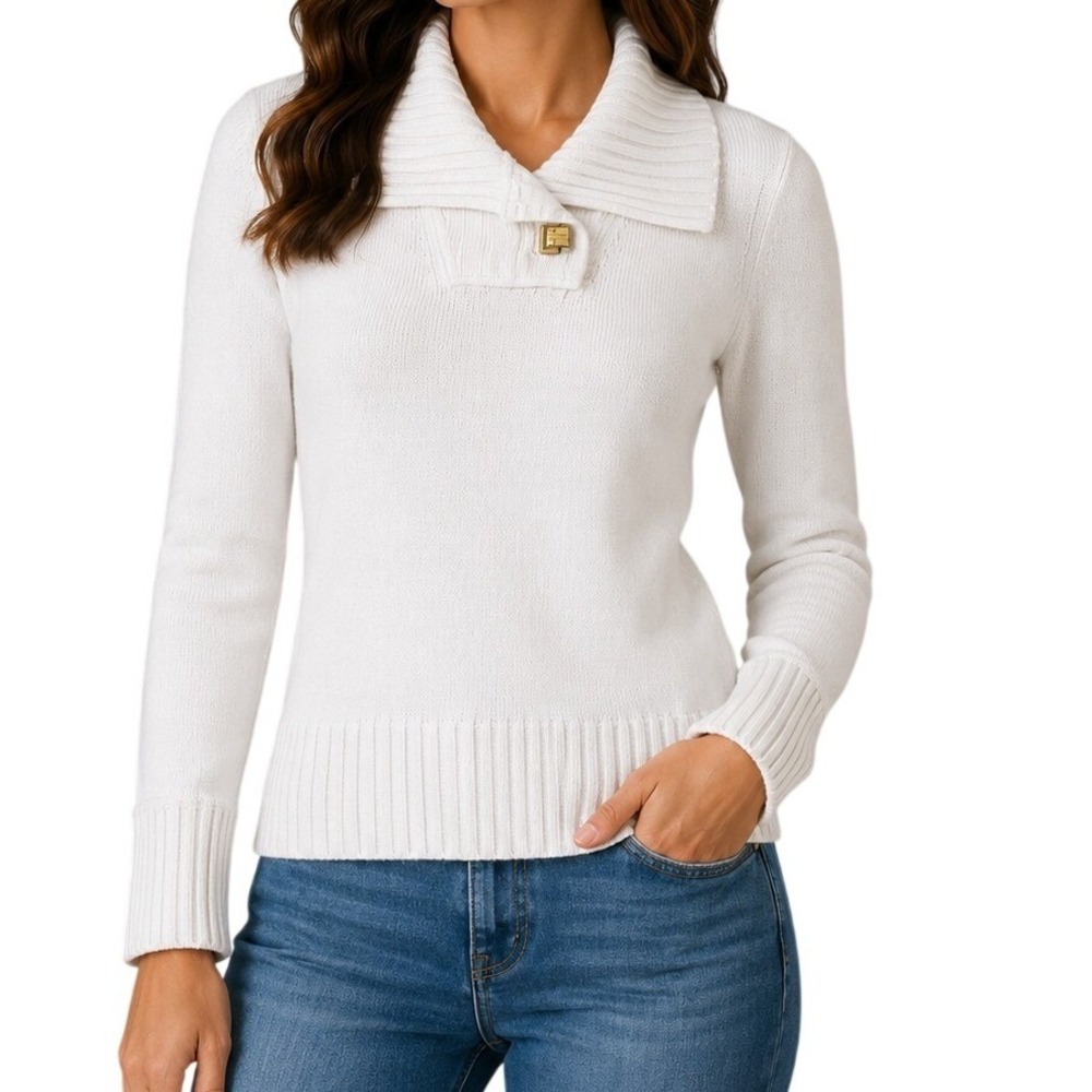 Lauren Ralph Lauren White Cotton Shawl Collar Sweater Women's Small